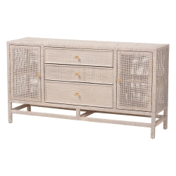 bali & pari Vivan Natural Rattan Storage Cabinet - 3-Drawer Handwoven Wicker Accent Cabinet with Interior Shelving and Elevated Base, French Grey